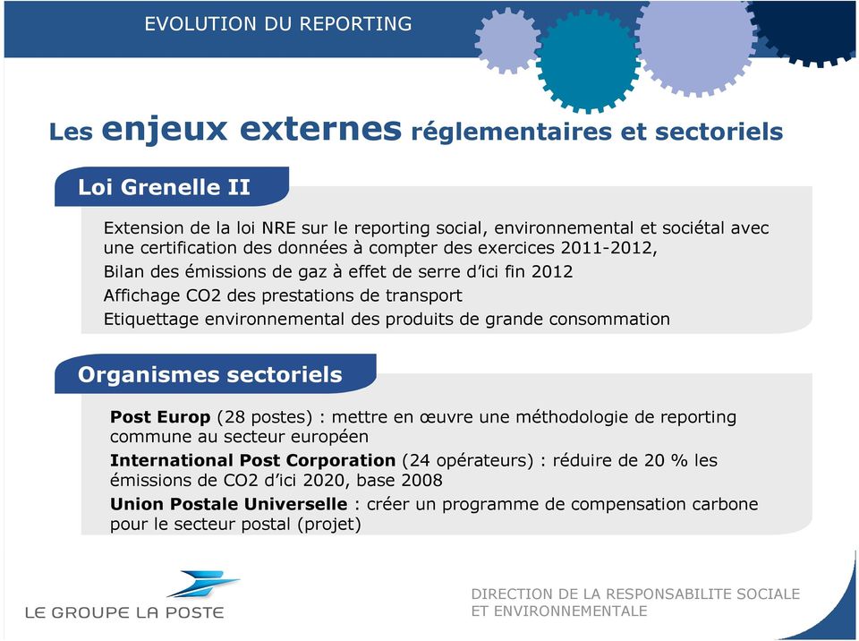 environnemental des produits de grande consommation Organismes sectoriels Post Europ (28 postes) : mettre en œuvre une méthodologie de reporting commune au secteur européen