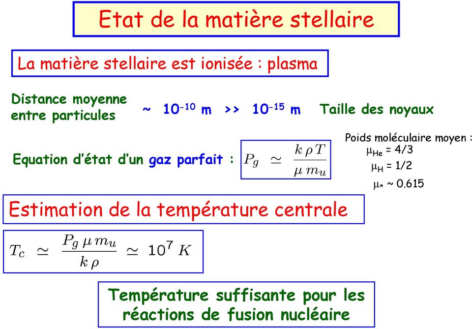 gaz parfait : Estimation de la température centrale Poids moléculaire moyen : µ He =