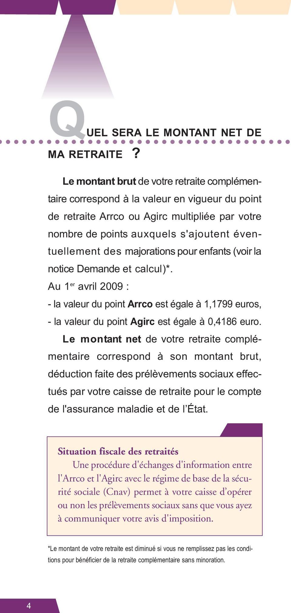 majorations pour enfants (voir la notice Demande et calcul)*. Au 1 er avril 2009 : - la valeur du point Arrco est égale à 1,1799 euros, - la valeur du point Agirc est égale à 0,4186 euro.