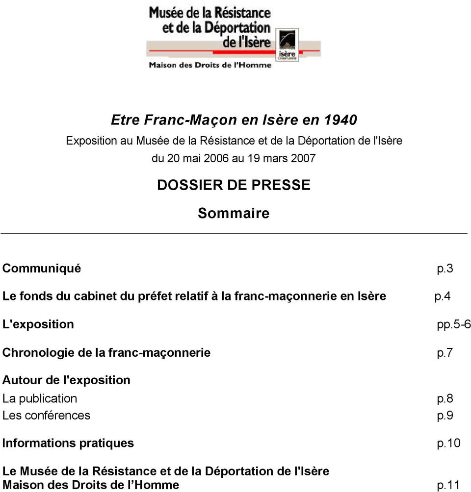 3 Le fonds du cabinet du préfet relatif à la franc-maçonnerie en Isère p.4 L'exposition pp.