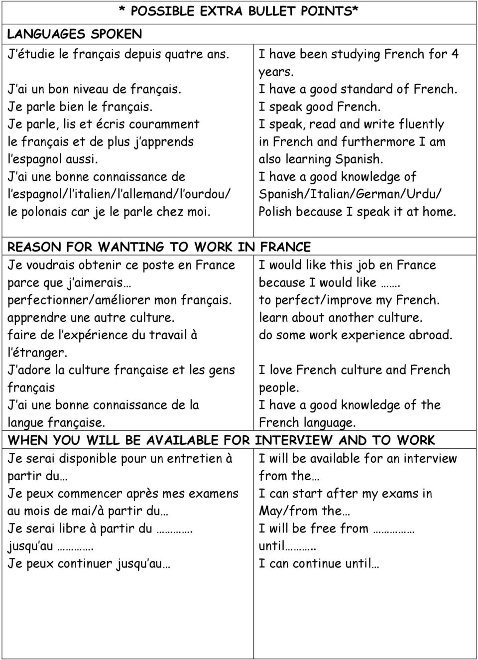 I have been studying French for 4 years. I have a good standard of French. I speak good French. I speak, read and write fluently in French and furthermore I am also learning Spanish.
