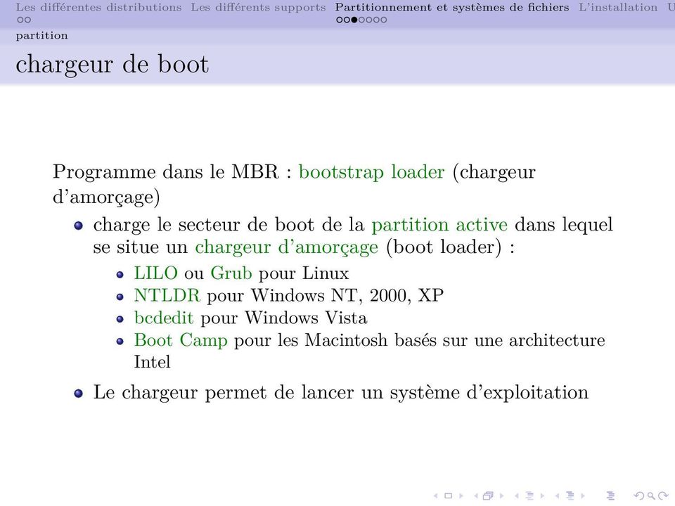 LILO ou Grub pour Linux NTLDR pour Windows NT, 2000, XP bcdedit pour Windows Vista Boot Camp pour