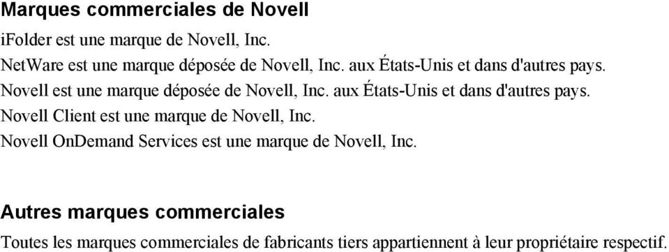 aux États-Unis et dans d'autres pays. Novell Client est une marque de Novell, Inc.