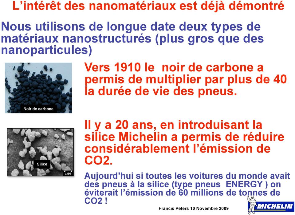 Noir de carbone Silice Il y a 20 ans, en introduisant la silice Michelin a permis de réduire considérablement l émission de CO2.