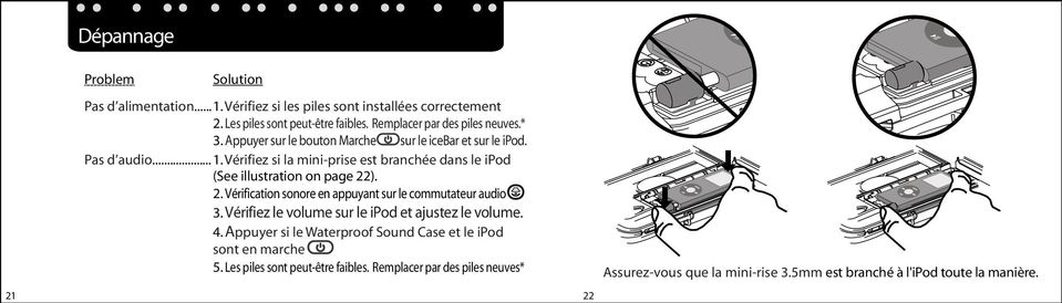 Vérifiez si la mini-prise est branchée dans le ipod (See illustration on page 22). 2. Vérification sonore en appuyant sur le commutateur audio 3.