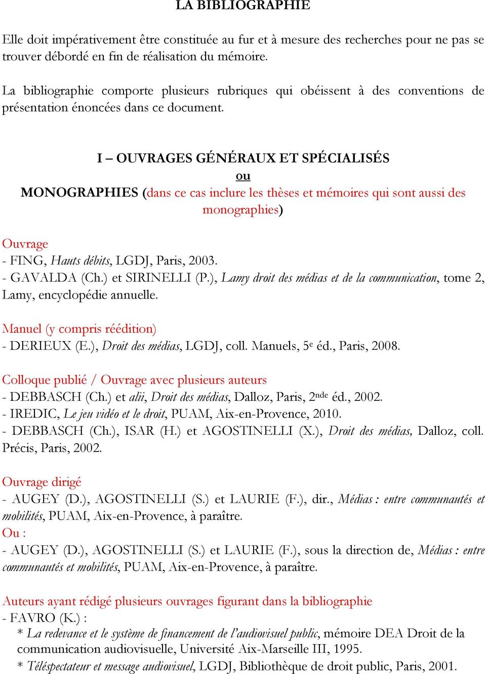 I OUVRAGES GÉNÉRAUX ET SPÉCIALISÉS ou MONOGRAPHIES (dans ce cas inclure les thèses et mémoires qui sont aussi des monographies) Ouvrage - FING, Hauts débits, LGDJ, Paris, 2003. - GAVALDA (Ch.