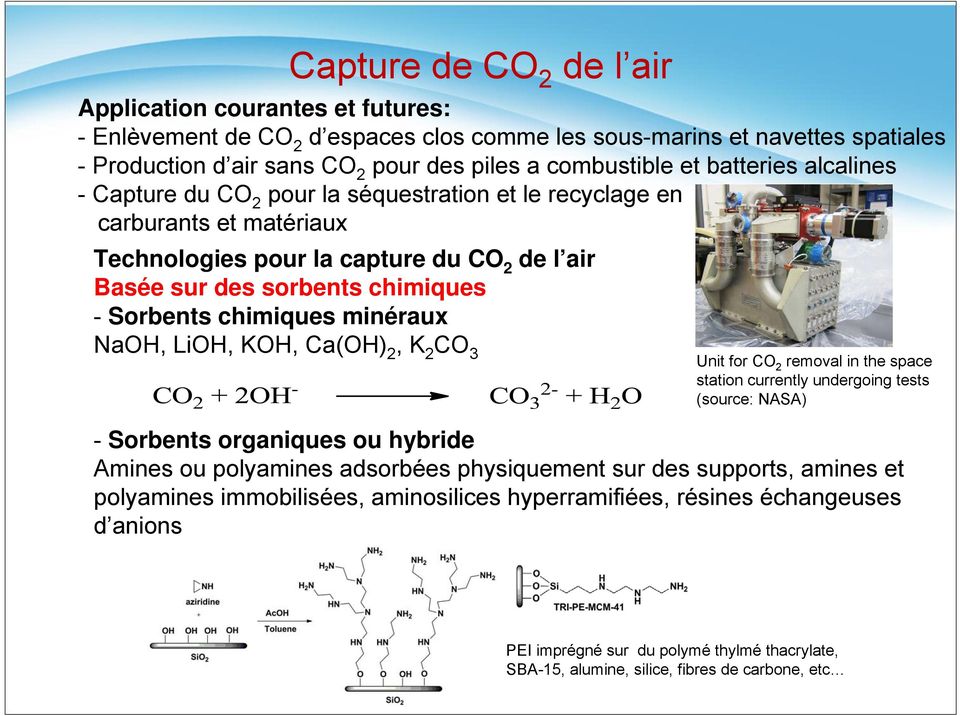 chimiques minéraux NaOH, LiOH, KOH, Ca(OH) 2, K 2 CO 3 Unit for CO 2 removal in the space station currently undergoing tests (source: NASA) - Sorbents organiques ou hybride Amines ou polyamines