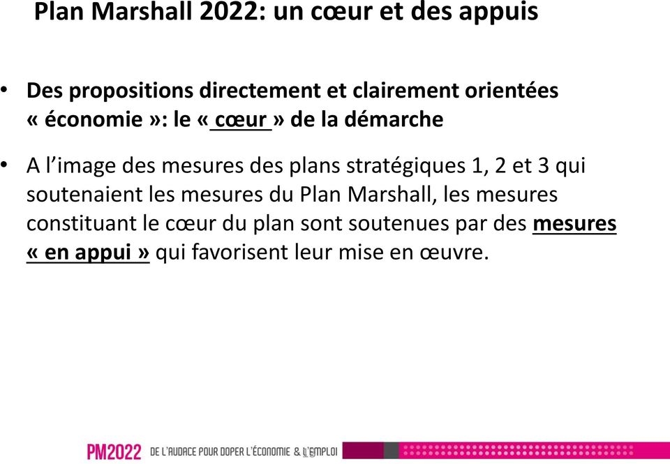 stratégiques 1, 2 et 3 qui soutenaient les mesures du Plan Marshall, les mesures
