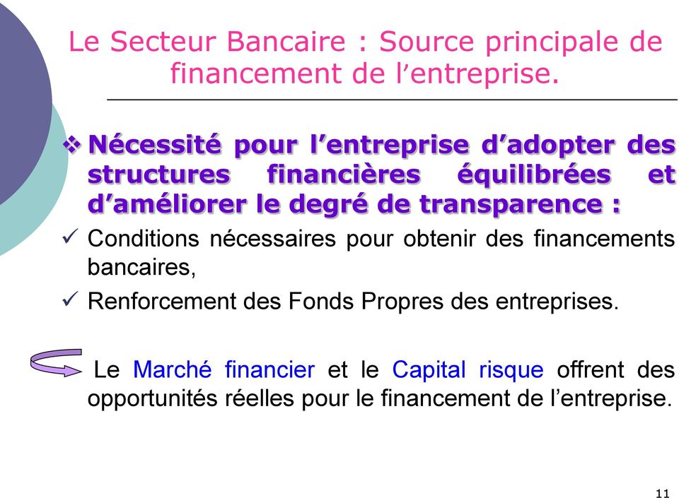 transparence : Conditions nécessaires pour obtenir des financements bancaires, Renforcement des Fonds