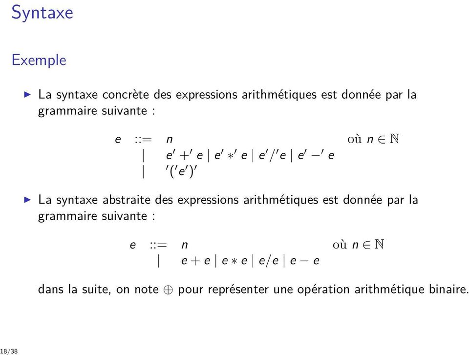 des expressions arithmétiques est donnée par la grammaire suivante : e ::= n où n N e +