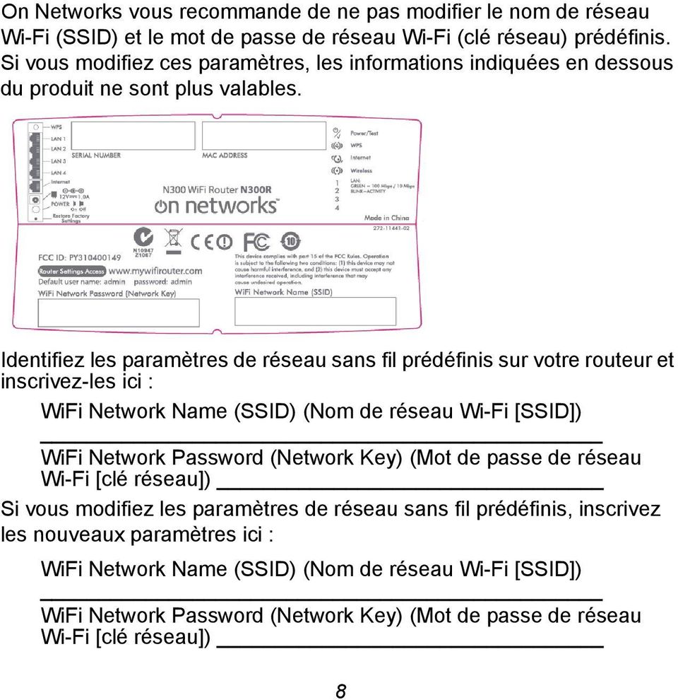 Identifiez les paramètres de réseau sans fil prédéfinis sur votre routeur et inscrivez-les ici : WiFi Network Name (SSID) (Nom de réseau Wi-Fi [SSID]) WiFi Network Password