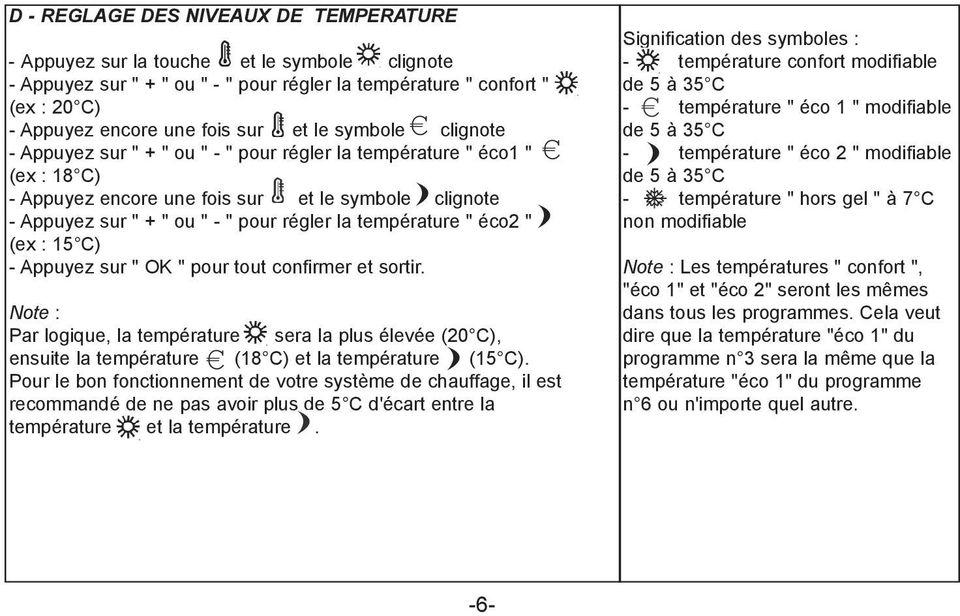 température " éco2 " (ex : 15 C) - Appuyez sur " OK " pour tout confirmer et sortir.