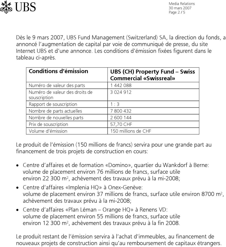 Conditions d émission UBS (CH) Property Fund Swiss Commercial «Swissreal» Numéro de valeur des parts 1 442 088 Numéro de valeur des droits de 3 024 912 souscription Rapport de souscription 1 : 3