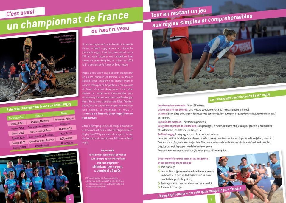Palmarès Championnat France de Beach rugby Beach RugBy TouR Masculin FéMinin Tournée 2013 AS GiGnAc MAriGnAne MonTpellier / pierrelatte Tournée 2012 SAinT-JeAn-de-luz olympique pierrelatte Tournée