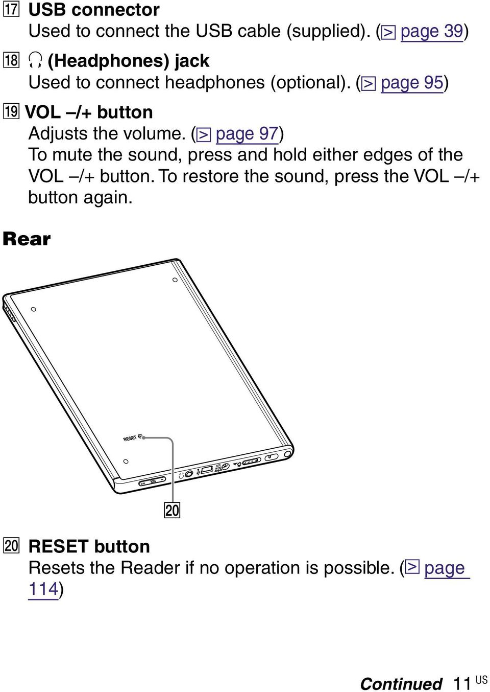 ( page 95) VOL /+ button Adjusts the volume.