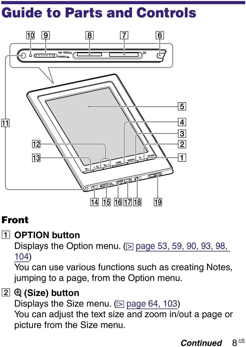 jumping to a page, from the Option menu. (Size) button Displays the Size menu.