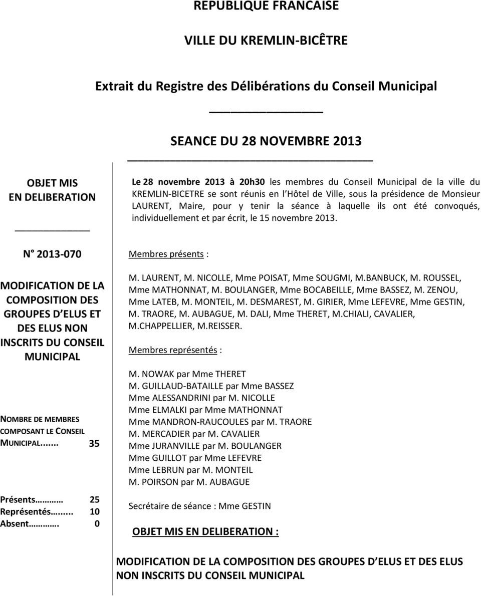 0 Le 28 novembre 2013 à 20h30 les membres du Conseil Municipal de la ville du KREMLIN-BICETRE se sont réunis en l Hôtel de Ville, sous la présidence de Monsieur LAURENT, Maire, pour y tenir la séance