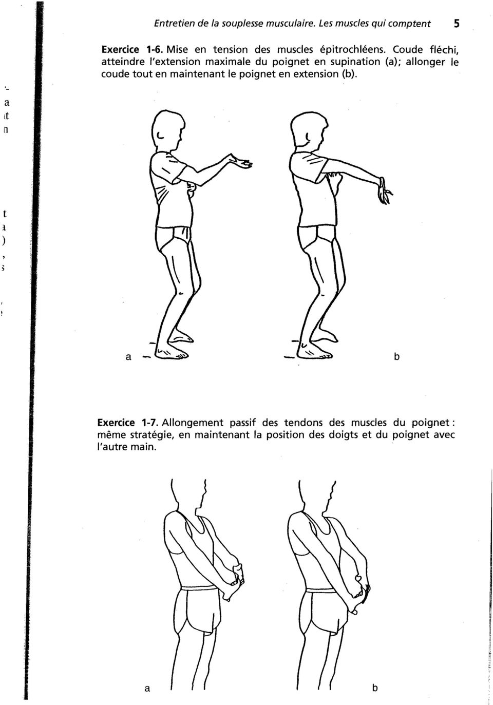 'extension maximale du poignet en supination (a); allonger le oude tout en maintenant le poignet en