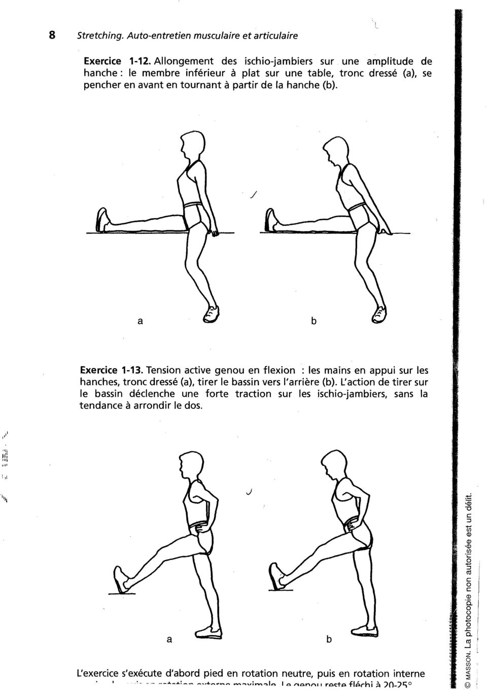 / b Exerie 1-13. Tension ative genou en flexion : les mains en appui sur les hanhes, tron dresse (a), tirer le bassin vers l'arriere (b).