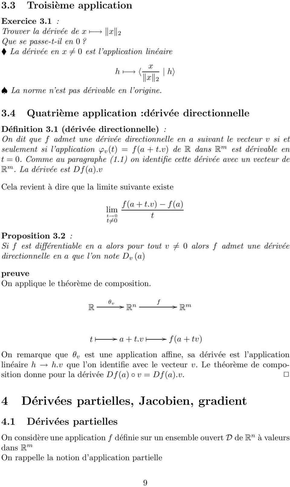 Comme au paragraphe (1.1) on identifie cette dérivée avec un vecteur de R m. La dérivée est Df(a).v Cela revient à dire que la limite suivante existe lim t 0 t 0 f(a + t.v) f(a) t Proposition 3.