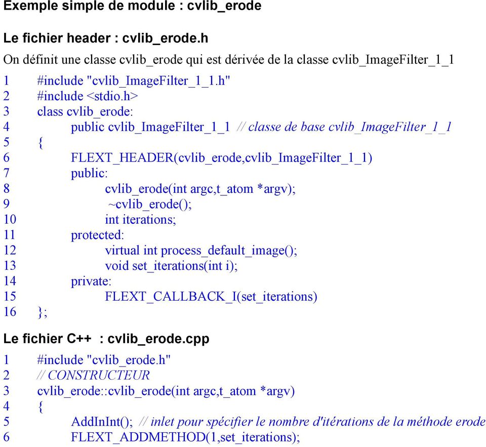 h> 3 class cvlib_erode: 4 public cvlib_imagefilter_1_1 // classe de base cvlib_imagefilter_1_1 5 { 6 FLEXT_HEADER(cvlib_erode,cvlib_ImageFilter_1_1) 7 public: 8 cvlib_erode(int argc,t_atom *argv); 9