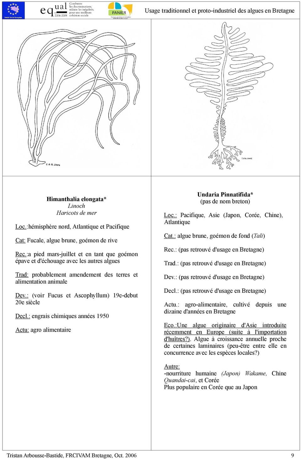 : (voir Fucus et Ascophyllum) 19e-debut 20e siècle Decl.: engrais chimiques années 1950 Actu: agro alimentaire Undaria Pinnatifida* (pas de nom breton) Loc.