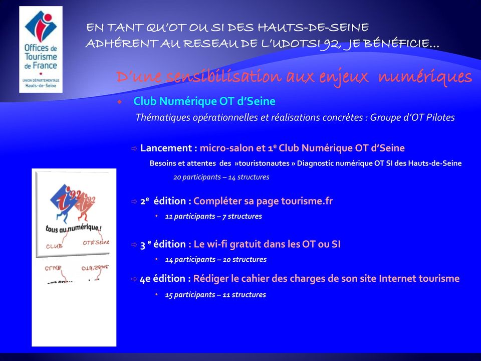 des»touristonautes» Diagnostic numérique OT SI des Hauts-de-Seine 20 participants 14 structures 2 e édition : Compléter sa page tourisme.