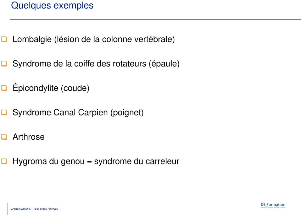 (épaule) Épicondylite (coude) Syndrome Canal Carpien