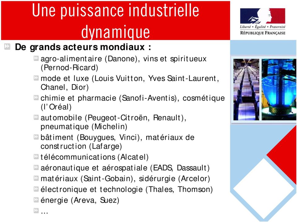 Renault), pneumatique (Michelin) bâtiment (Bouygues, Vinci), matériaux de construction (Lafarge) télécommunications (Alcatel) aéronautique et