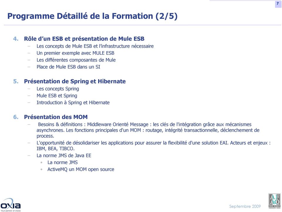 Présentation de Spring et Hibernate Les concepts Spring Mule ESB et Spring Introduction à Spring et Hibernate 6.