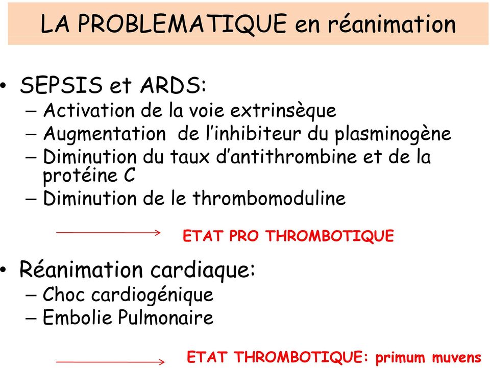 de la protéine C Diminution de le thrombomoduline Réanimation cardiaque: Choc