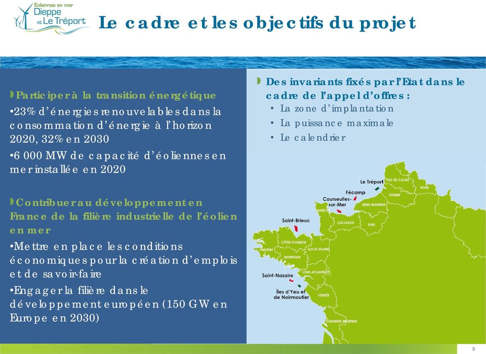 zone d implantation La puissance maximale Le calendrier Contribuer au développement en France de la filière industrielle de l éolien en mer Mettre en