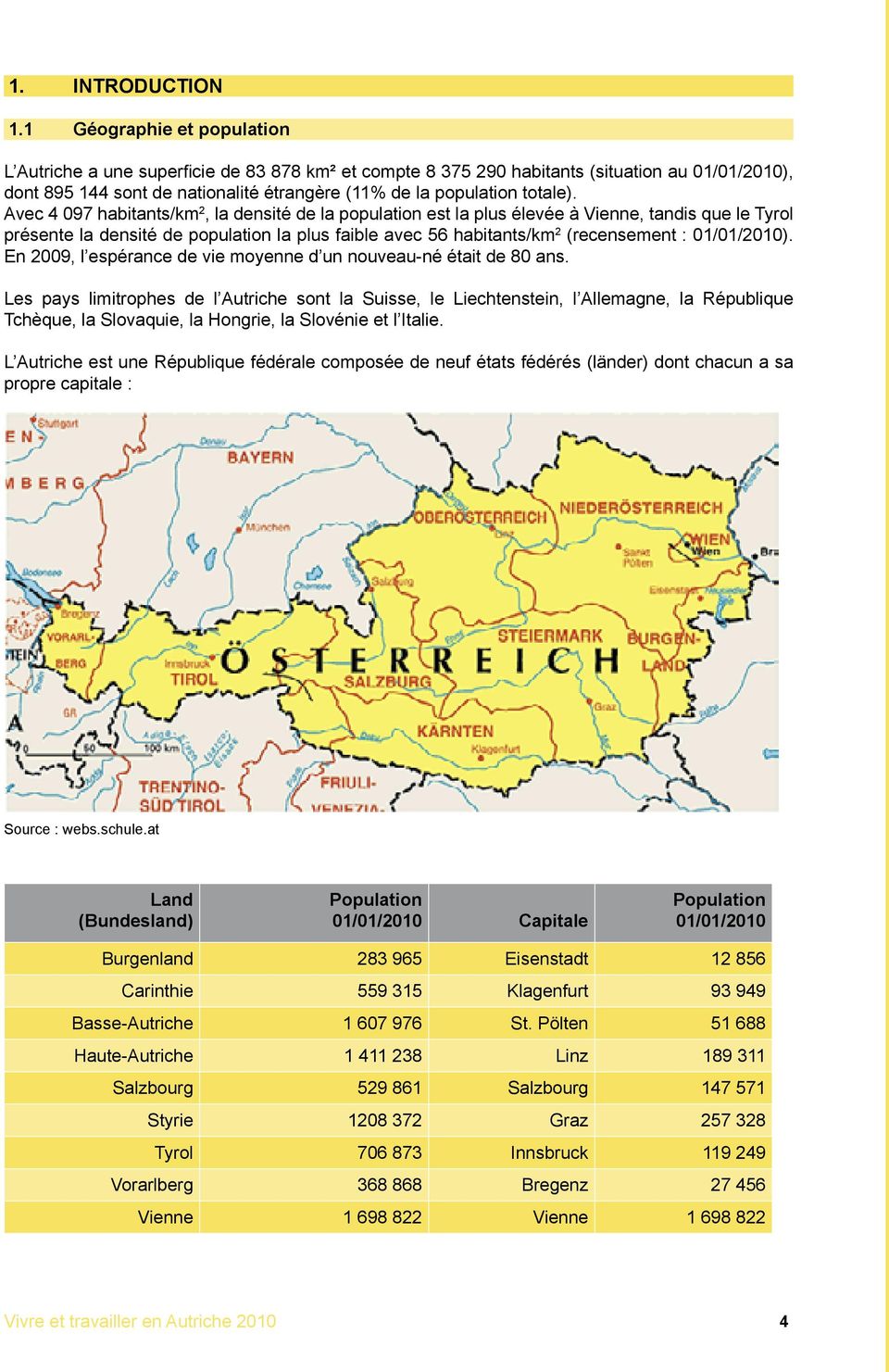 Avec 4 097 habitants/km 2, la densité de la population est la plus élevée à Vienne, tandis que le Tyrol présente la densité de population la plus faible avec 56 habitants/km 2 (recensement :
