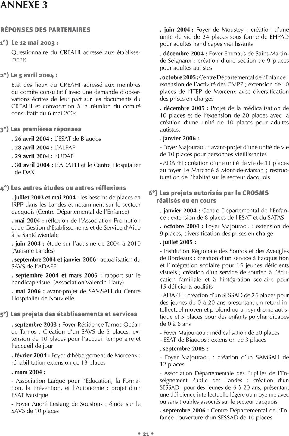 26 avril 2004 : L ESAT de Biaudos. 28 avril 2004 : L ALPAP. 29 avril 2004 : l UDAF. 30 avril 2004 : L ADAPEI et le Centre Hospitalier de DAX 4 ) Les autres études ou autres réflexions.