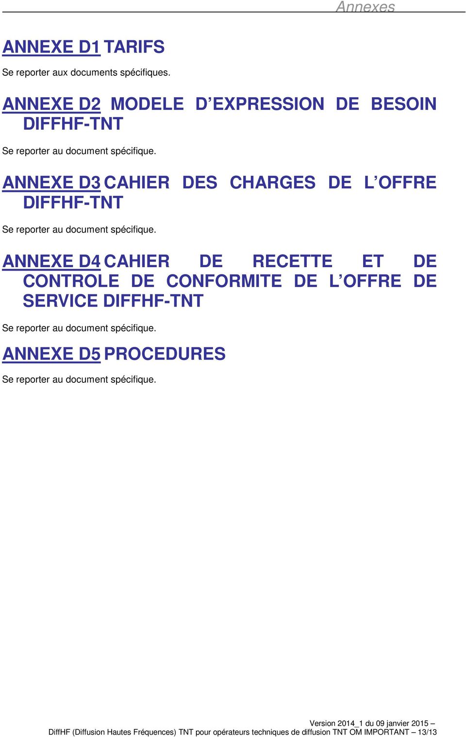 ANNEXE D3 CAHIER DES CHARGES DE L OFFRE DIFFHF-TNT Se reporter au document spécifique.