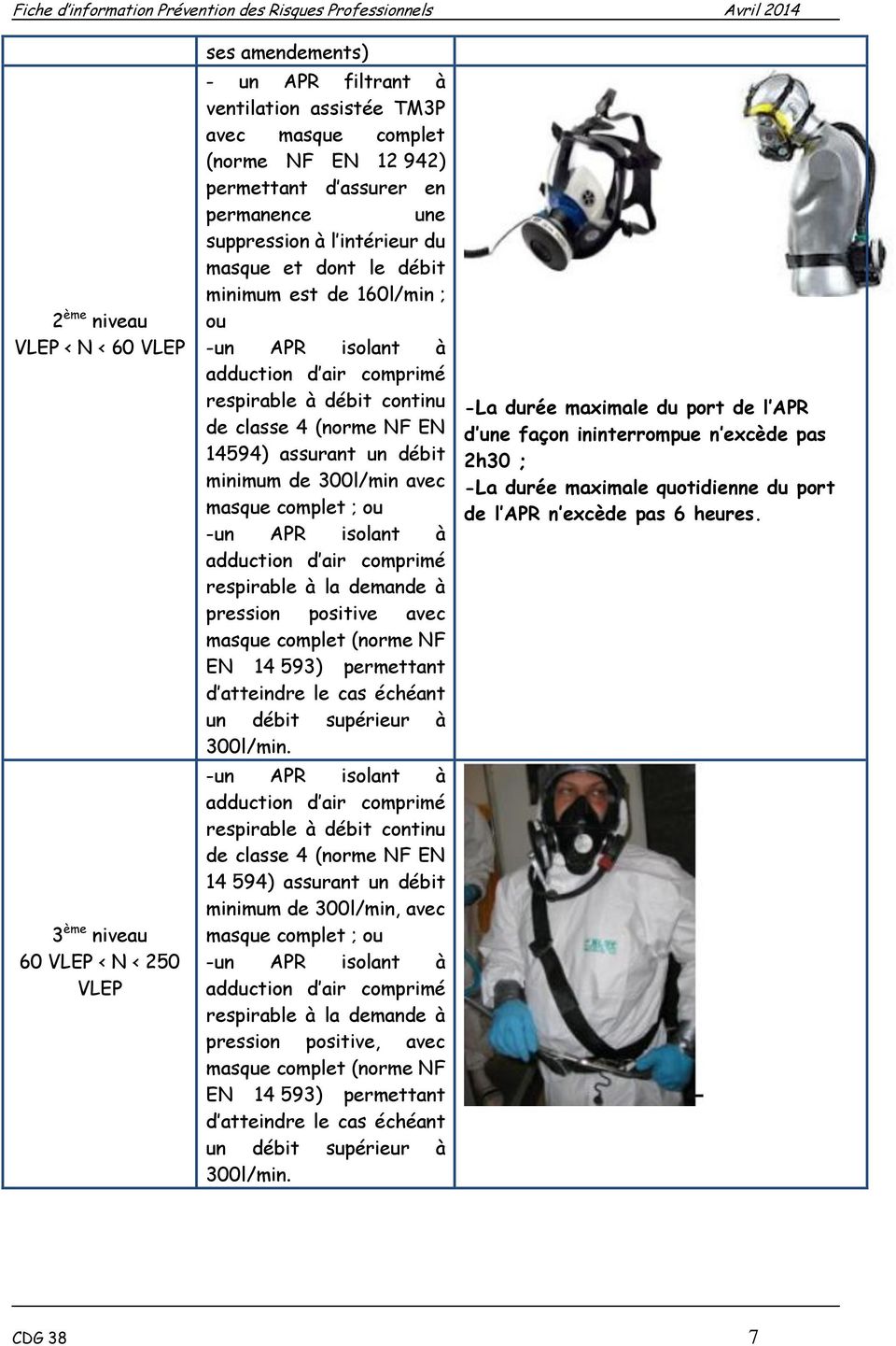 un débit minimum de 300l/min avec masque cmplet ; u -un APR islant à adductin d air cmprimé respirable à la demande à pressin psitive avec masque cmplet (nrme NF EN 14 593) permettant d atteindre le