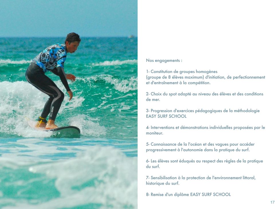3- Progression d'exercices pédagogiques de la méthodologie EASY SURF SCHOOL 4- Interventions et démonstrations individuelles proposées par le moniteur.
