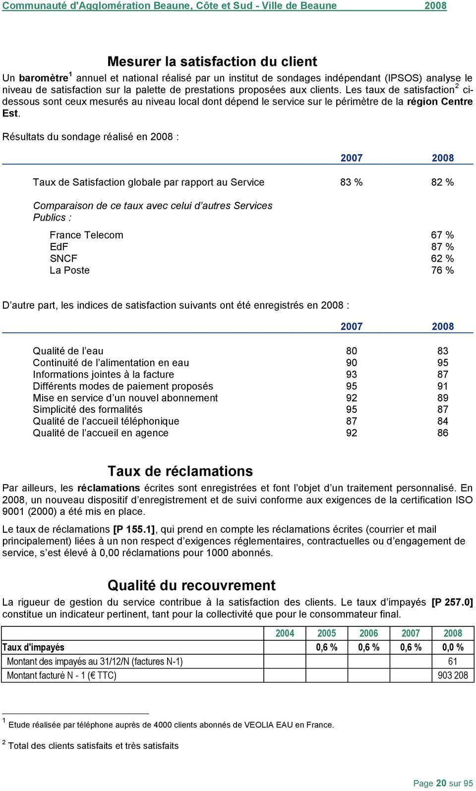 Résultats du sondage réalisé en 2008 : 2007 2008 Taux de Satisfaction globale par rapport au Service 83 % 82 % Comparaison de ce taux avec celui d autres Services Publics : France Telecom 67 % EdF 87