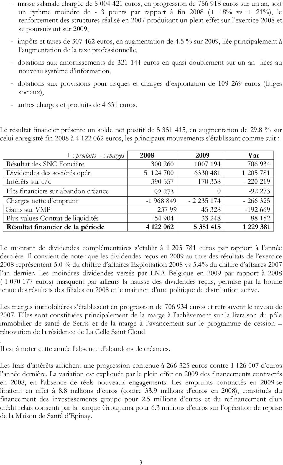 5 % sur 2009, liée principalement à l augmentation de la taxe professionnelle, - dotations aux amortissements de 321 144 euros en quasi doublement sur un an liées au nouveau système d information, -