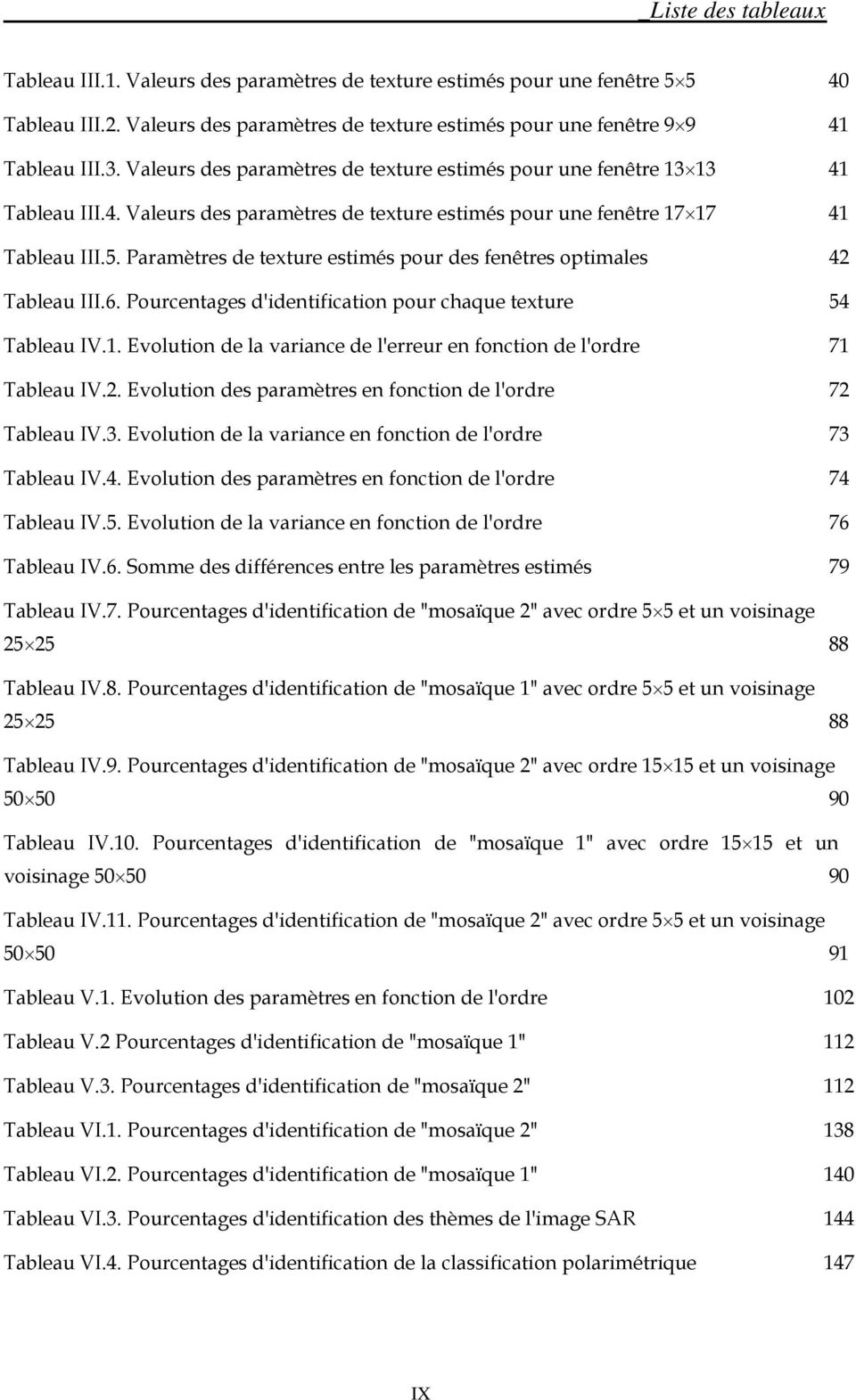 Paramètre de texture etimé pour de fenêtre optimale 42 Tableau III.6. Pourcentage d'identification pour chaque texture 54 Tableau IV.
