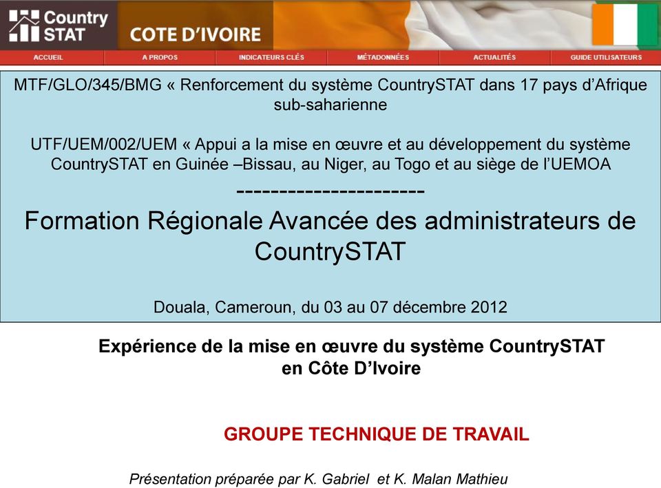---------------------- Formation Régionale Avancée des administrateurs de CountrySTAT Douala, Cameroun, du 03 au 07 décembre 2012
