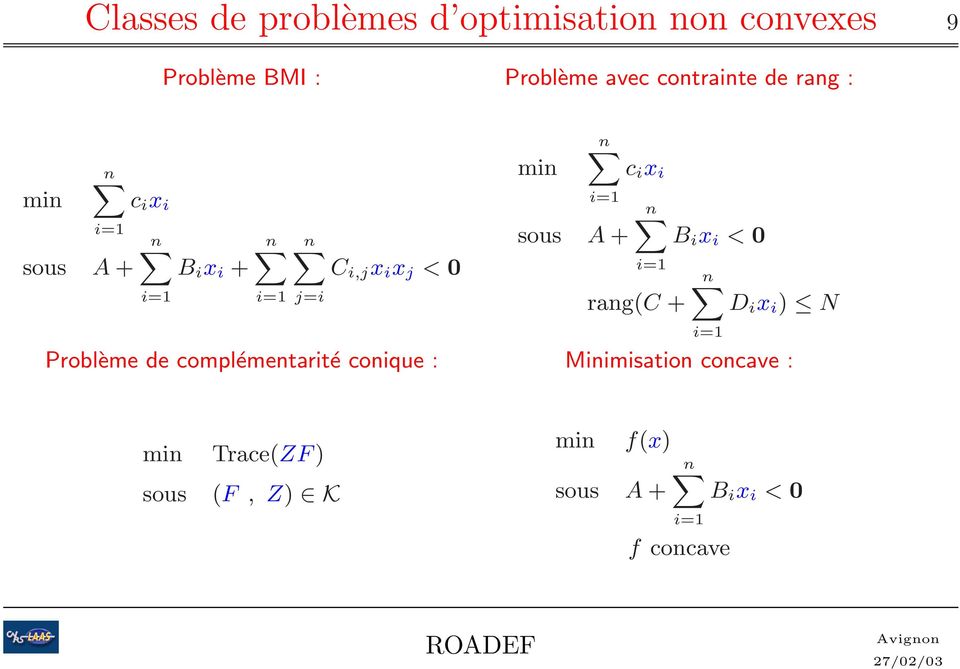 j=i n c i x i n B i x i < 0 rang(c + n D i x i ) N Problème de complémentarité