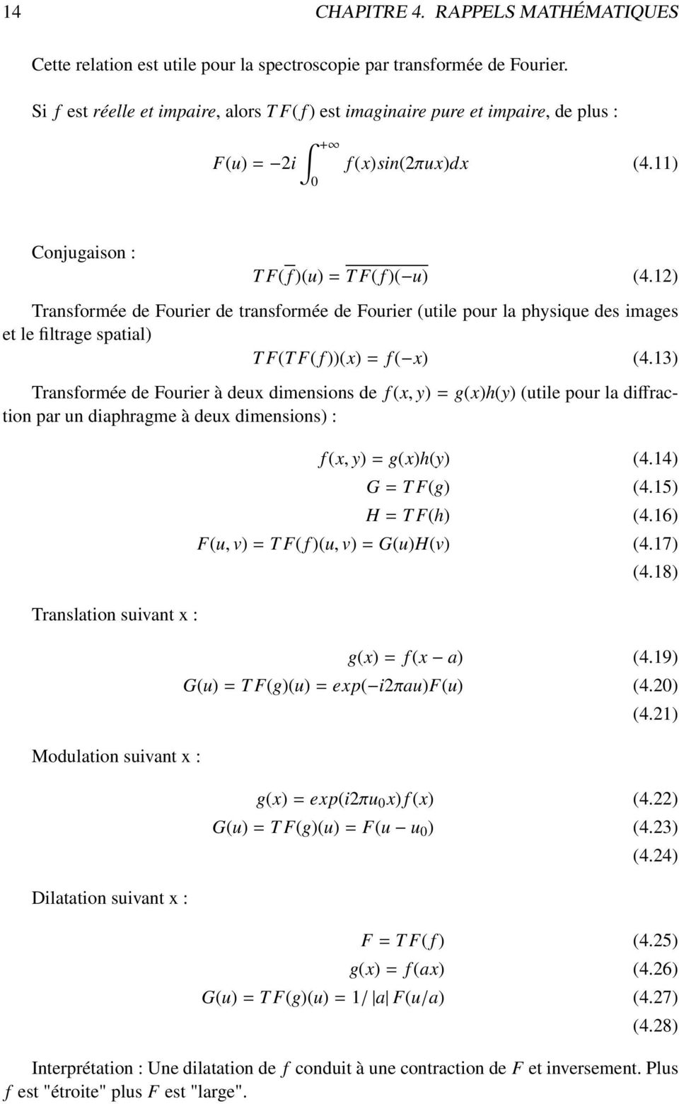 12) Transformée de Fourier de transformée de Fourier (utile pour la physique des images et le filtrage spatial) T F(T F( f ))(x)= f ( x) (4.