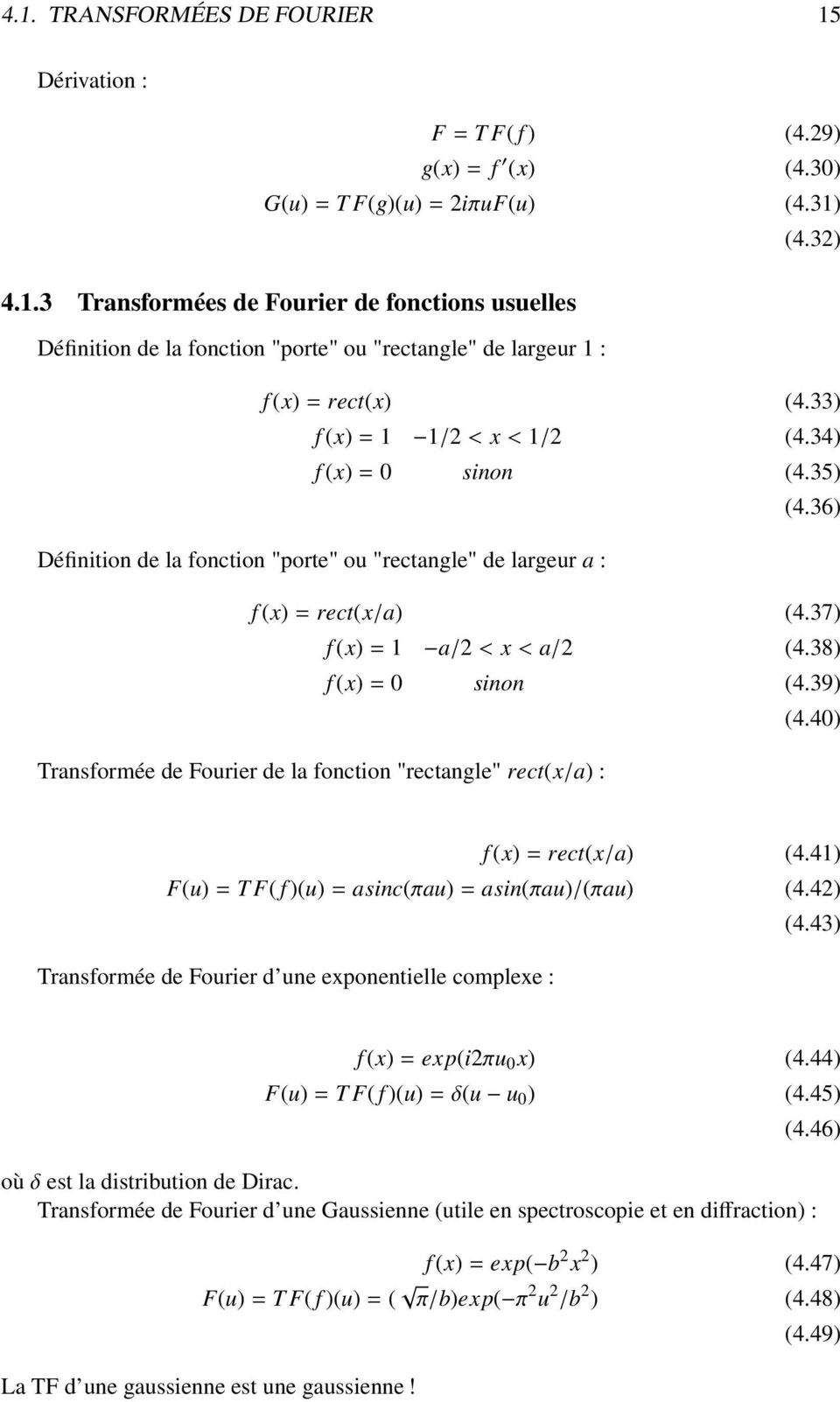 40) Transformée de Fourier de la fonction "rectangle" rect(x/a) : f (x)=rect(x/a) (4.41) F(u)=T F( f )(u)=asinc(πau)=asin(πau)/(πau) (4.42) (4.