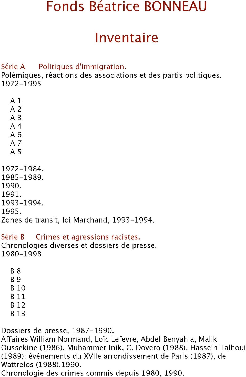 Chronologies diverses et dossiers de presse. 1980-1998 B 8 B 9 B 10 B 11 B 12 B 13 Dossiers de presse, 1987-1990.
