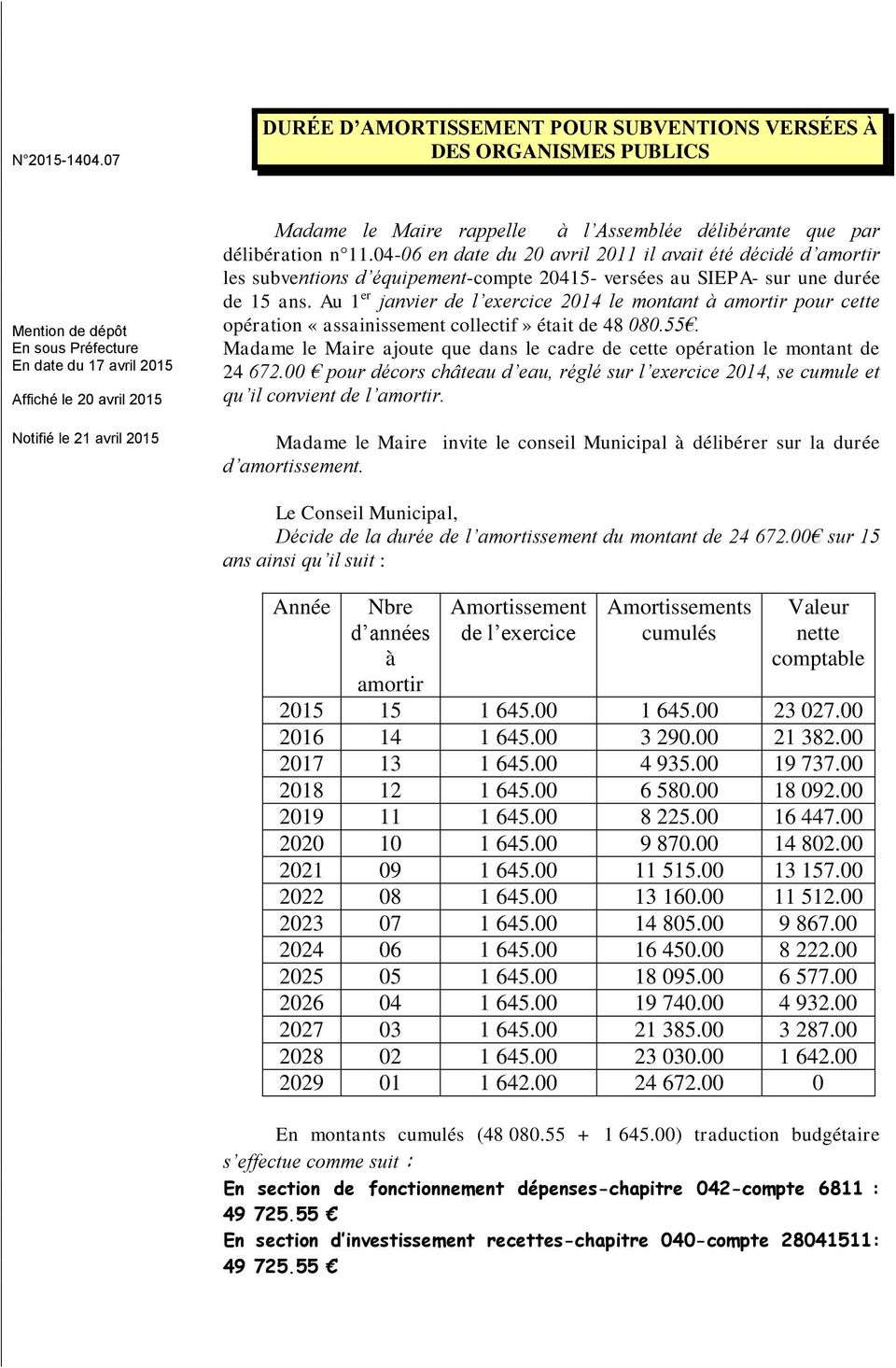 Au 1 er janvier de l exercice 2014 le montant à amortir pour cette opération «assainissement collectif» était de 48 080.55.