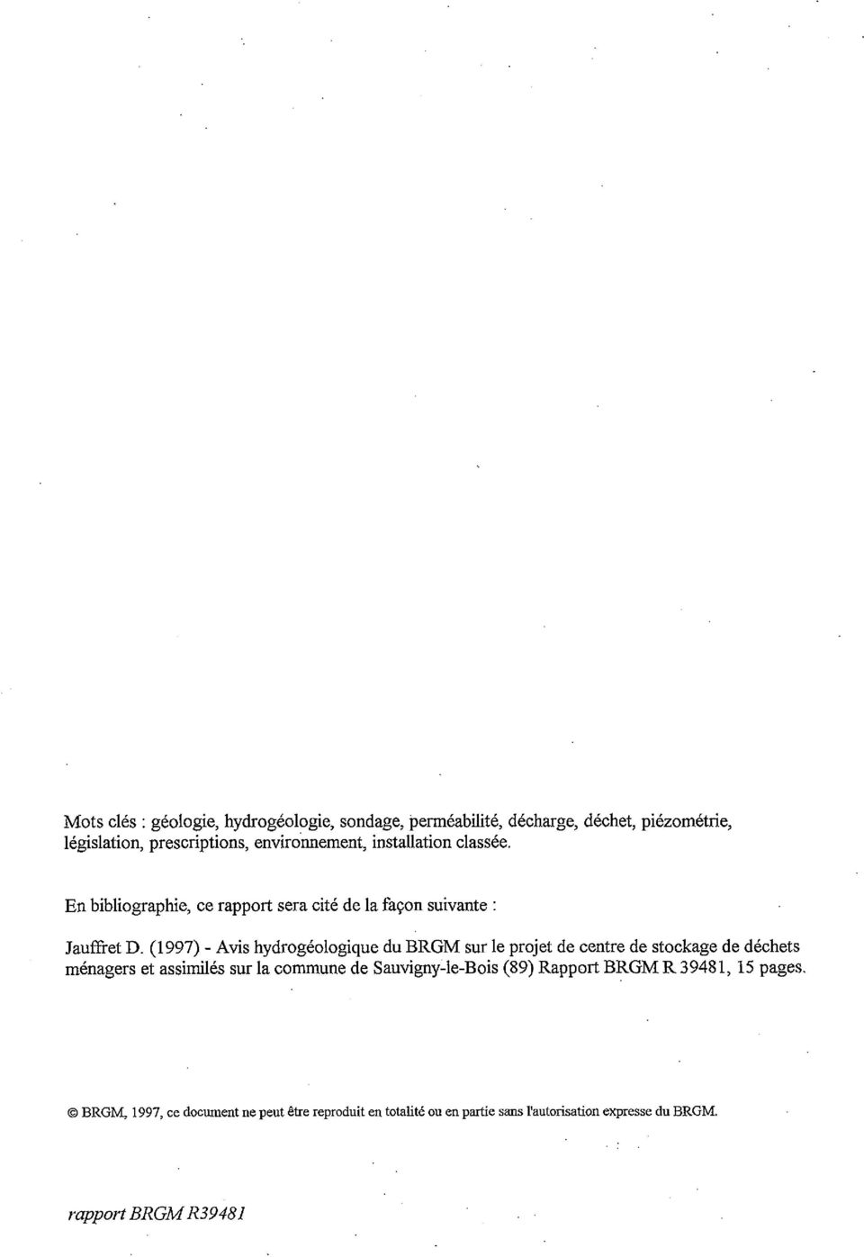 (1997) - Avis hydrogéologique du BRGM sur le projet de centre de stockage de déchets ménagers et assimilés sur la commune de