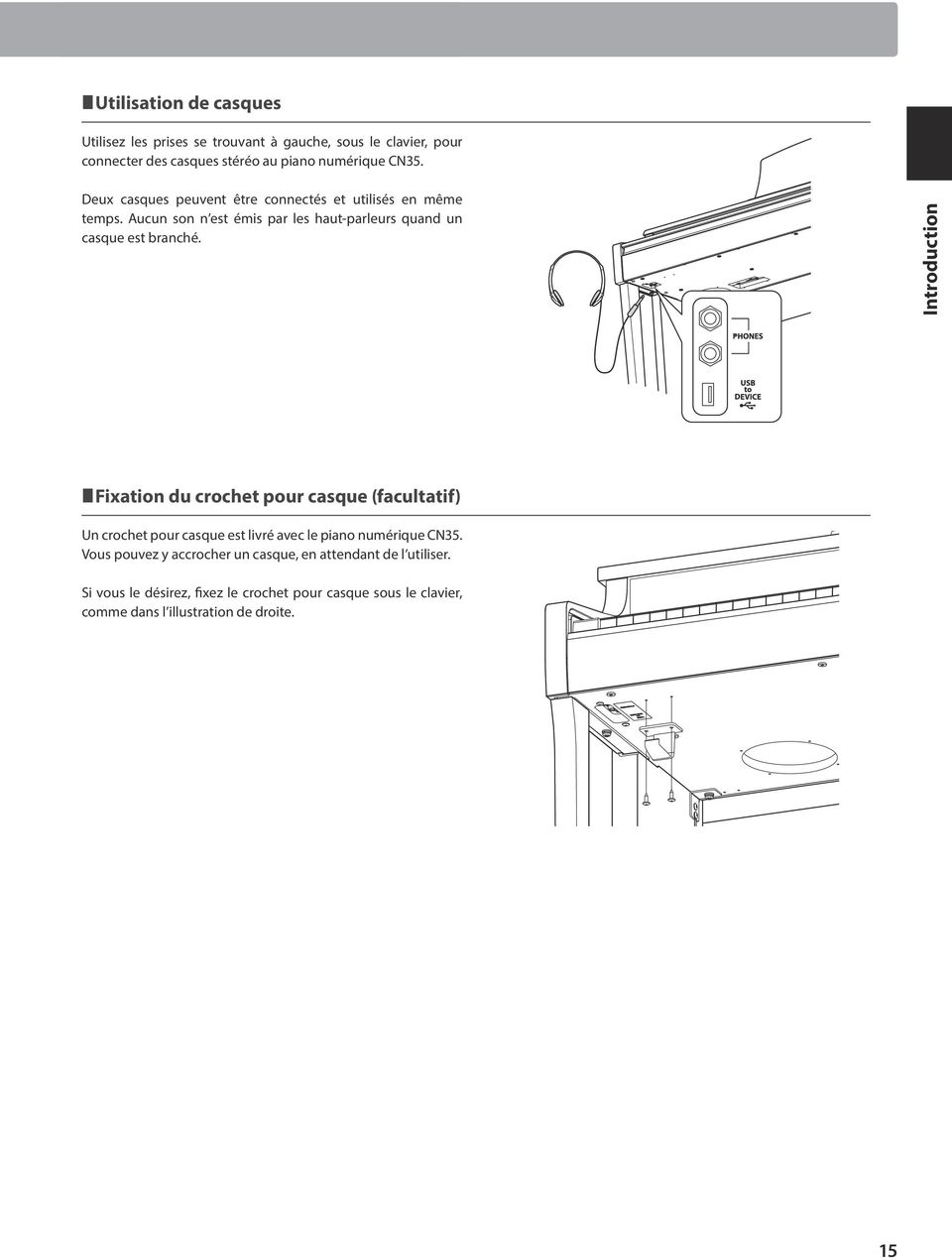 Introduction Fixation du crochet pour casque (facultatif) Un crochet pour casque est livré avec le piano numérique CN35.