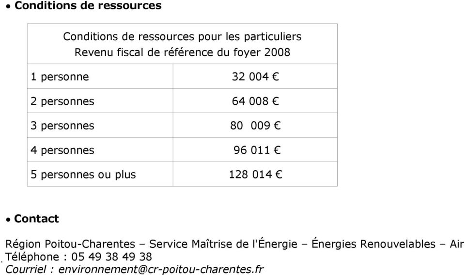 011 5 personnes ou plus 128 014 Contact Région Poitou-Charentes Service Maîtrise de l'énergie