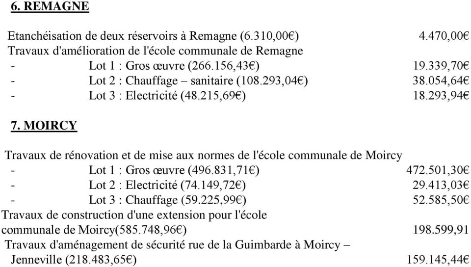 MOIRCY Travaux de rénovation et de mise aux normes de l'école communale de Moircy - Lot 1 : Gros œuvre (496.831,71 ) 472.501,30 - Lot 2 : Electricité (74.149,72 ) 29.